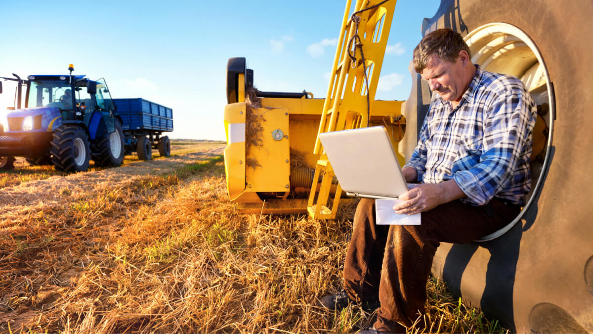 A person sitting on a Farm with a laptop