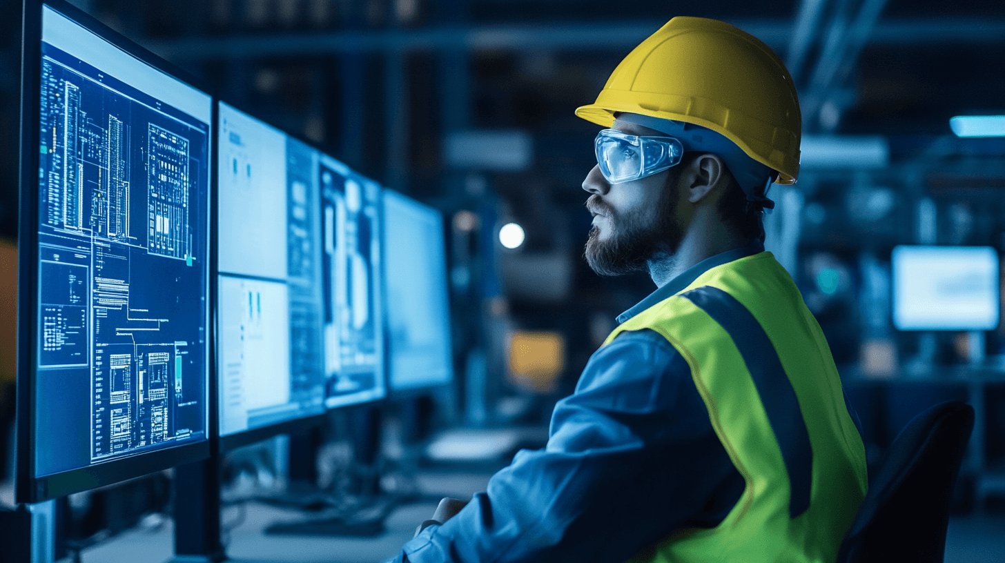 A person wearing a hard hat and safety vest looking at a computer screen