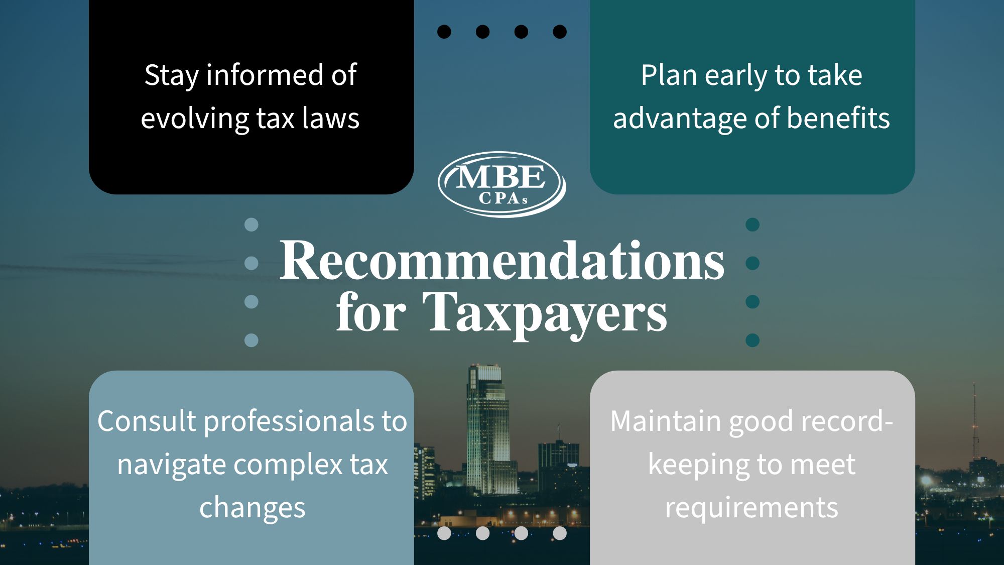 Recommendations for Taxpayers. Stay informed of evolving tax laws. Plan early to take advantage of benefits. Consult professionals to navigate complex tax changes. Maintain good record-keeping to meet requirements.