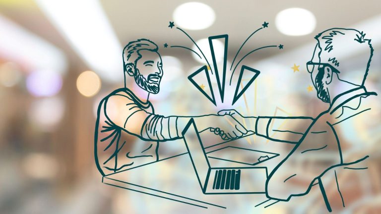 Graphic illustration of two men shaking hands