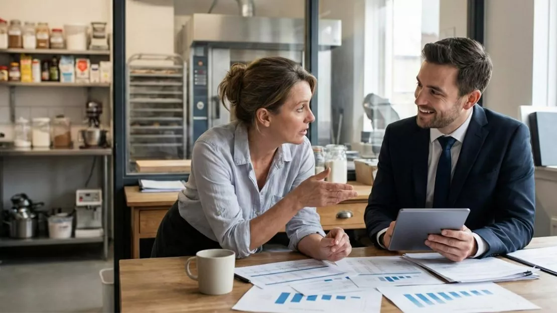 Two person sitting at a table looking at papers
