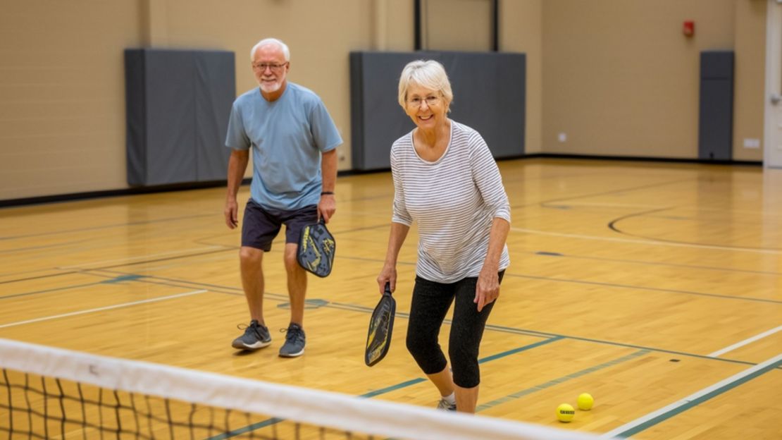 A senior couple enjoying a game of pickleball