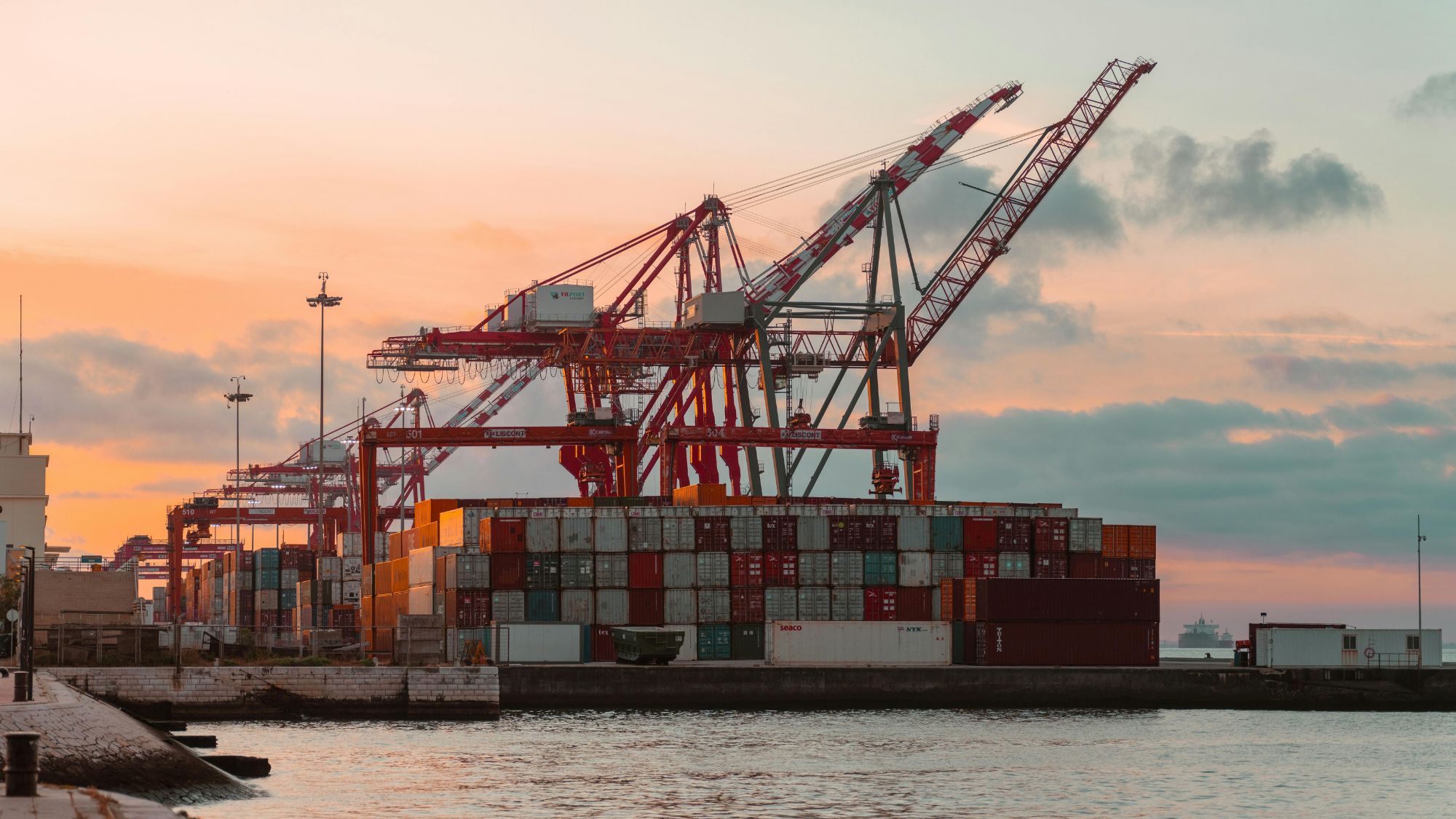 Busy trading port with cargo ships