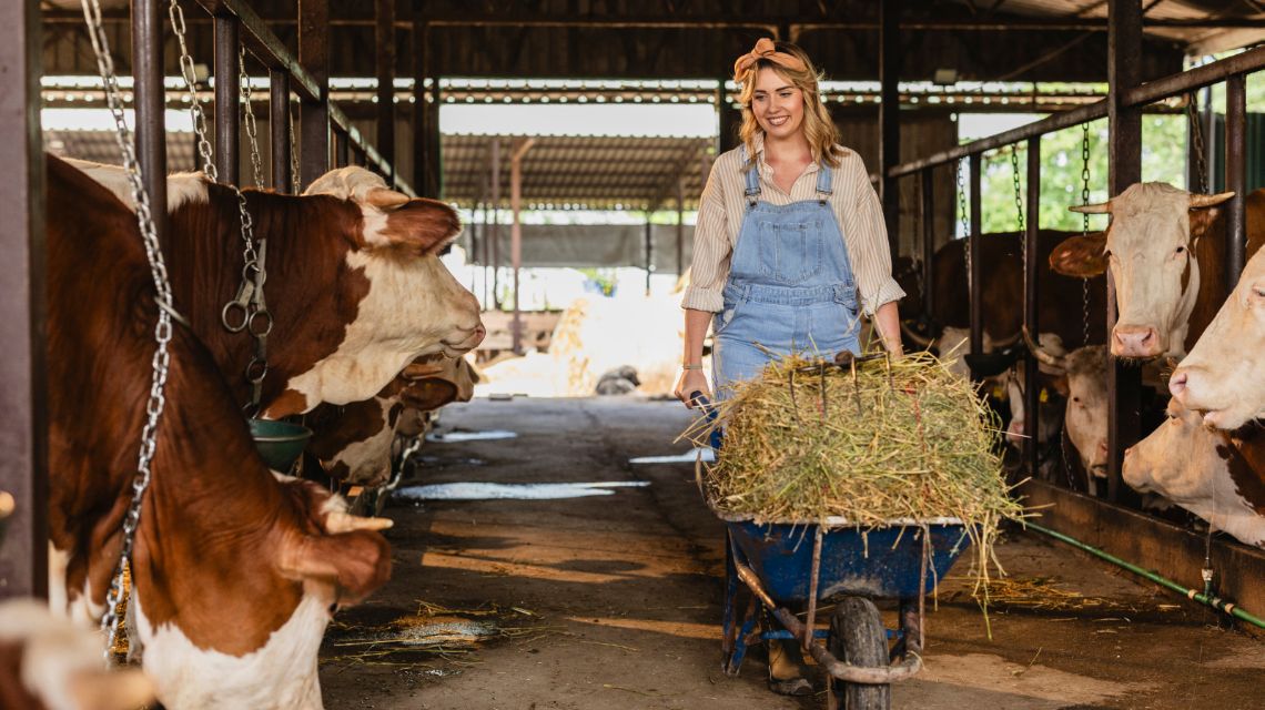 Farm worker transporting grass for cows